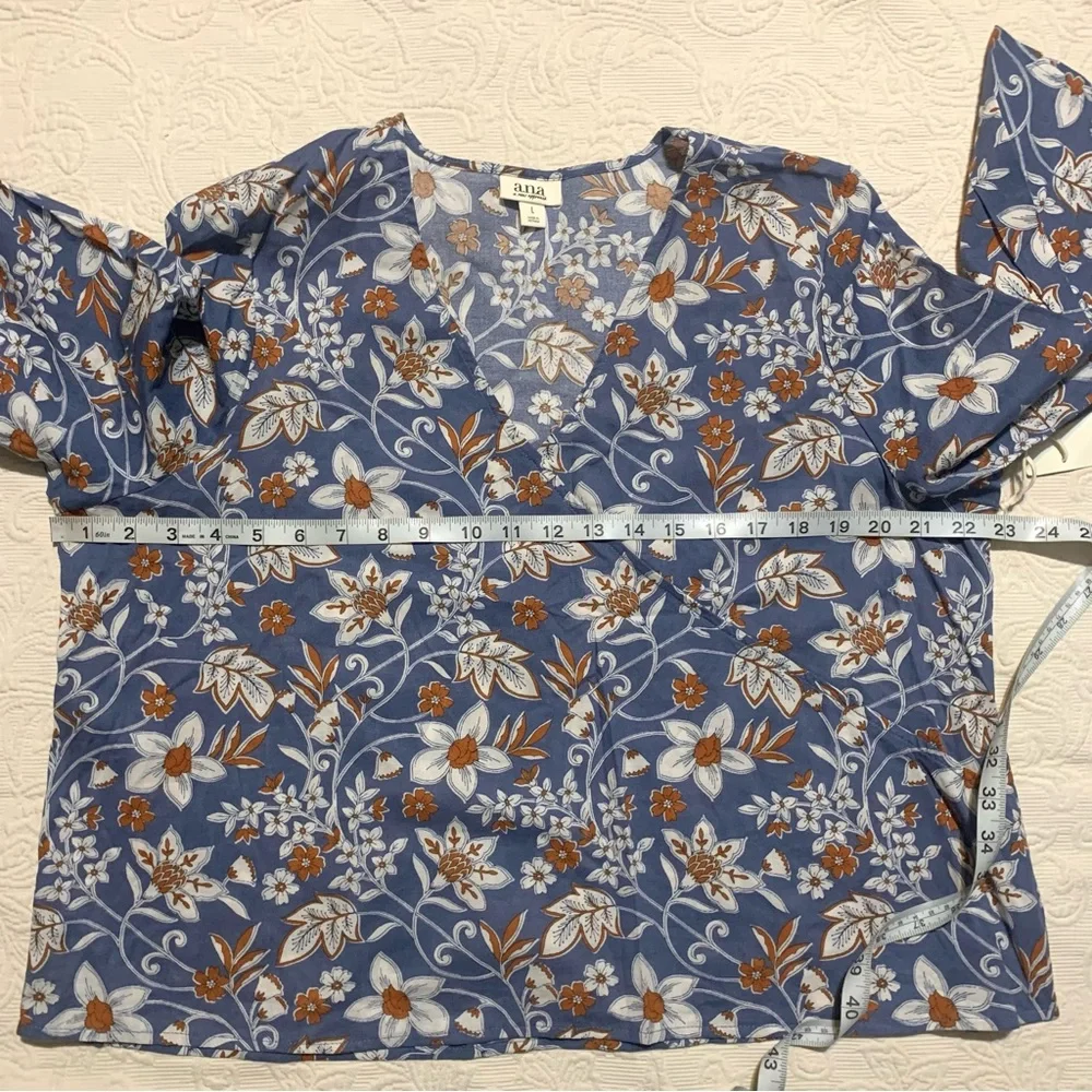 A.N.A. Blue Floral/Leaf Print Faux Wrap 3/4 Flare Sleeve V-Neck Casual Blouse - Picture 5 of 6